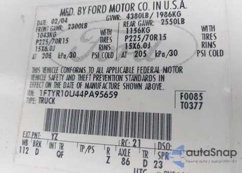 2004 Ford Ranger Edge/Xl/Xlt z USA, uszkodzony, nr VIN 1FTYR10U44PA95659